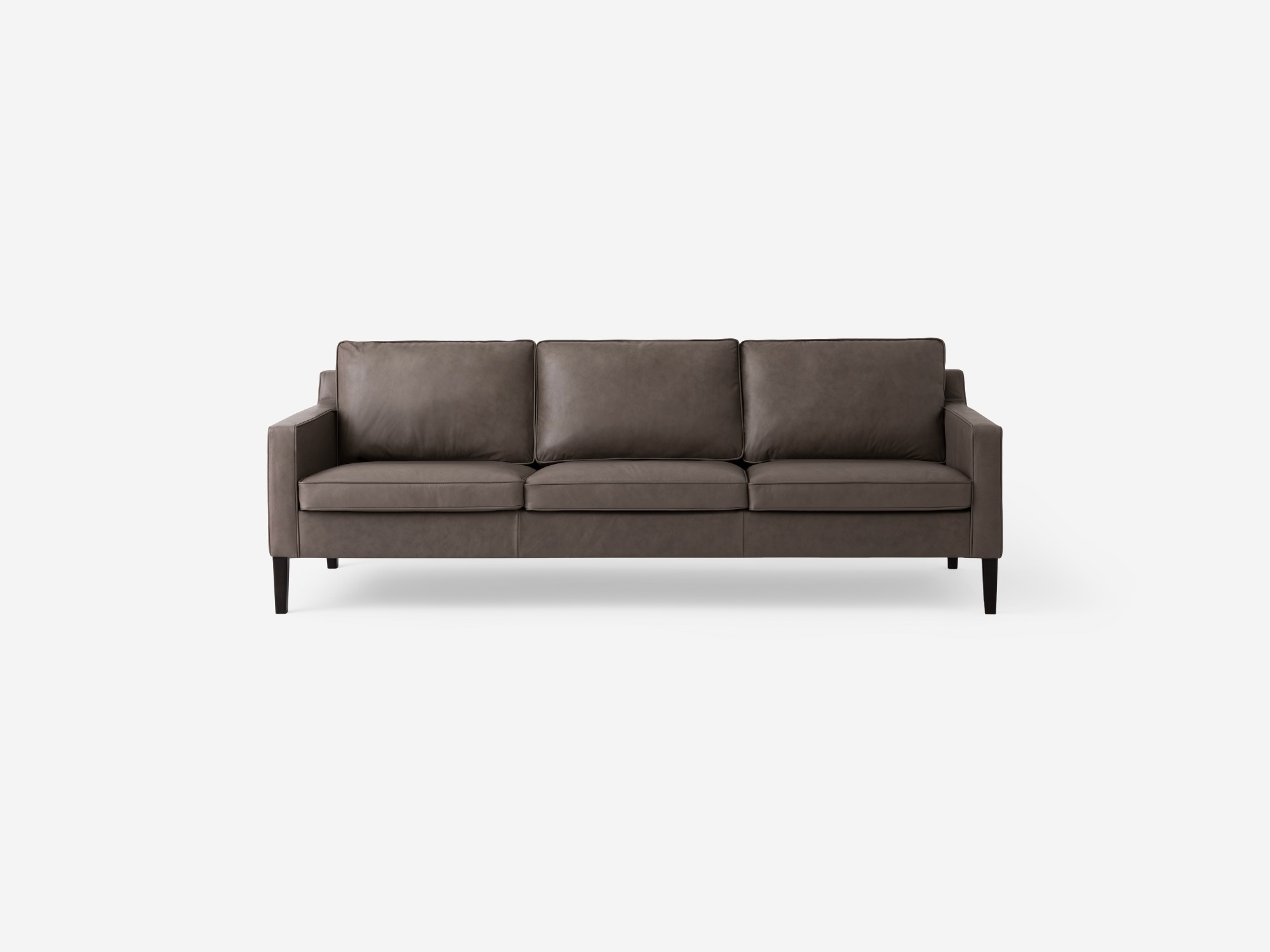 Front view of the Skye mid century sofa in grey leather